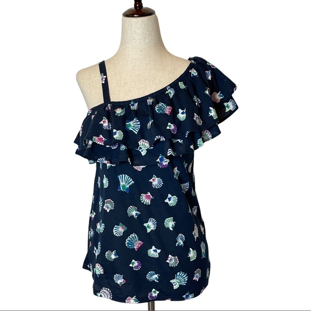 Joe Fresh Shirt Women XS Blue Seashell Print One Shoulder Ruffle NWT Boho Ocean